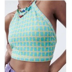 Zara 70’s Retro Tie Back Knit Tie Crop Top Pastel Blue Backless Halter